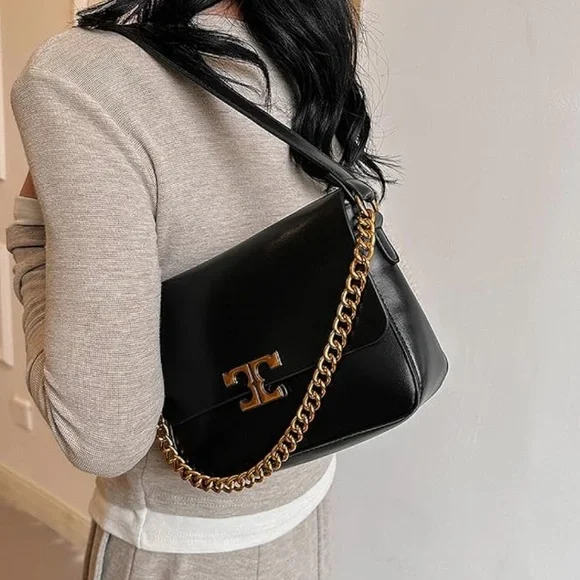 New Designer Inspired Vegan Faux Leather Shoulder Bag Golden Chain Strap NWT - Picture 14 of 15